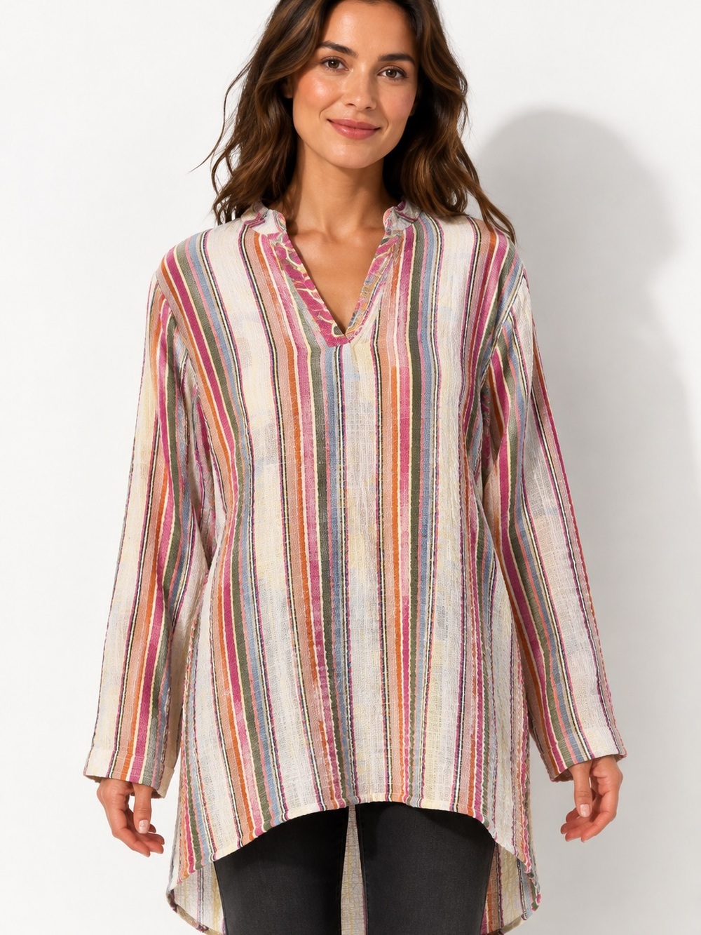 Chico's Multicolor Striped V-Neck Tunic